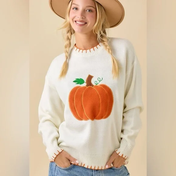 Textured Pumpkin Patch Sweater Knit Top with Stitching Detail - Main Strip - Picture 1 of 6